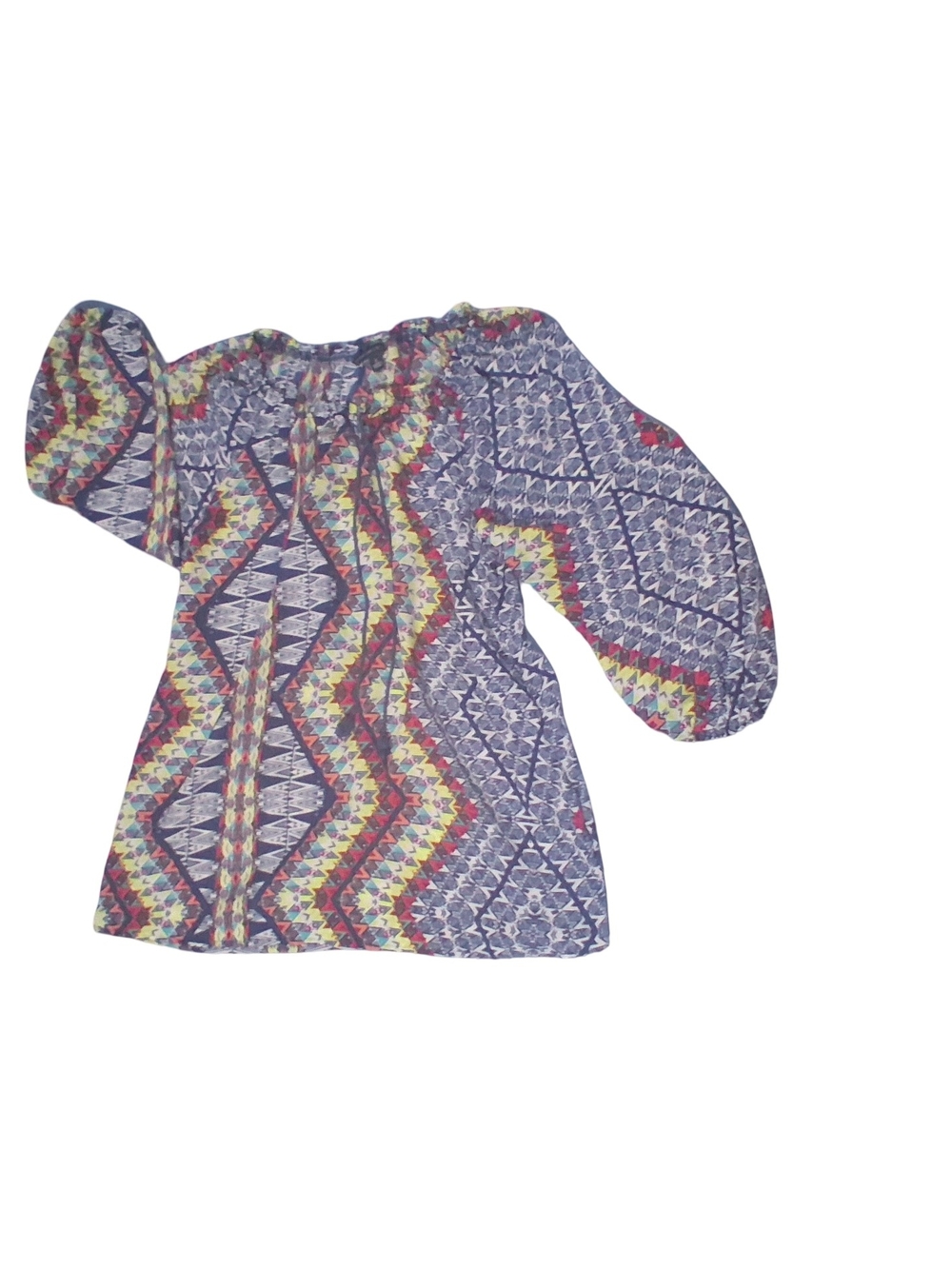 Boho Peasant Blouse Geometric Aztec Print Long Balloon Sleeve Tassel Tie Top